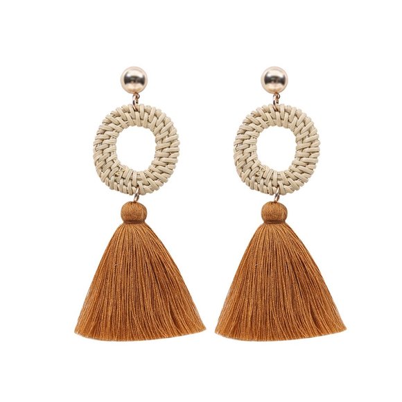 “Orval” Earrings Tassels Wicker Cream White - Picture 2 of 4